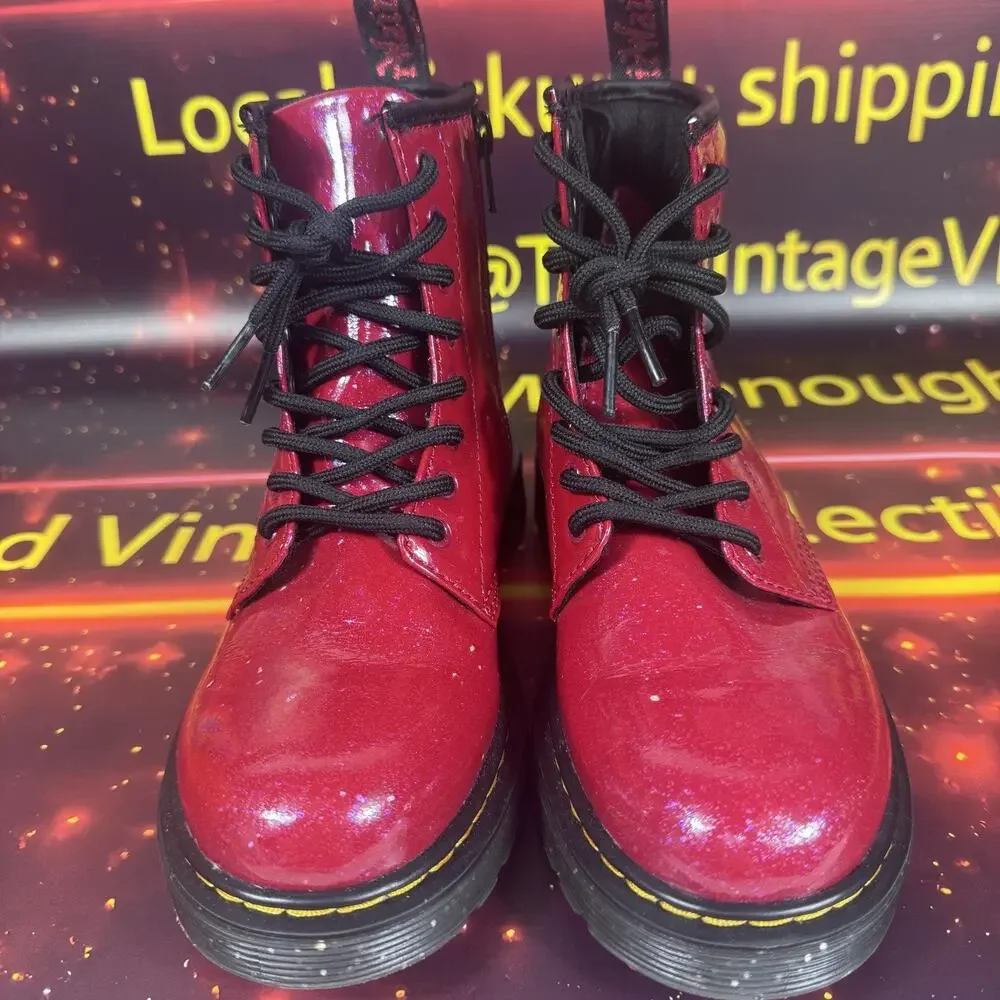 Dr. Martens 1460 J Glitter Red Patent Lace Up Boots Side Zip Youth US 2 EU 33